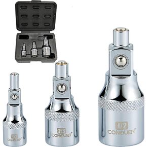 CONQUER 3 PCS Magnetic 2-Stage Universal Joint Socket Extension Bar 1/4" 3/8" & 1/2" Drive - Adapters Feature Magnetic Tip for Keeping Screws