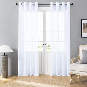 Snow White Elegant Faux Linen Textured Sheer Curtains Light Filtering Anti-Rust Grommets Window Panels/Drapes for Bedroom,Living Room,Glass-Patio,Set of 2,55x54 inch
