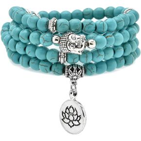 6mm 108 Mala Beads Bracelet, Yoga Zen Necklace with Buddha and Lotus Charm for Prayer