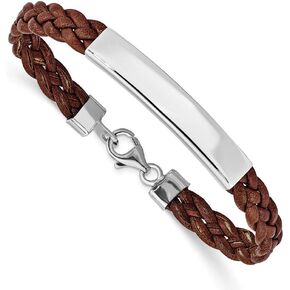 Jewels By Lux Polished Engravable Personalized Custom 925 Sterling Silver Brown Braided Leather Bracelet For Men or Women Length 7 inches Width 5 mm With Lobster Claw Clasp