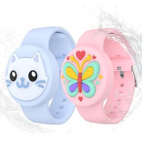 Waterproof Airtag Bracelets for Kids - (2 Pack) Soft Silicone Hidden Airtag Wristband - Lightweight GPS Tracker Holder Compatible with Apple Airtag Band for Child(Butterfly/Cat)
