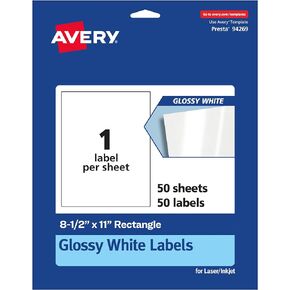 Avery Glossy White Rectangle Labels, 8.5" x 11", 25 Glossy White Labels, Permanent Label Adhesive, Laser/Inkjet Printable Labels