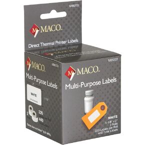 MACO Direct Thermal Printer White Multi-Purpose Labels, 1-1/8 x 2 Inches, 220 Per Roll, 440 Per Box (M86203)