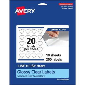 Avery Glossy Clear Heart Labels with Sure Feed, 1.5" x 1.5", 200 Glossy Clear Labels, Print-to-The-Edge, Laser/Inkjet Printable Labels