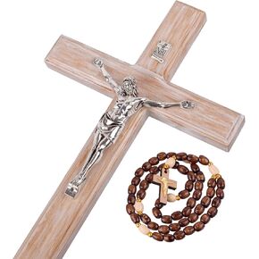صليب جداري من Asterom Farmhouse Crucifix - ديكور حائط متقاطع خشبي ريفي - صليب كاثوليكي مصنوع يدويًا للجدار - 12 بوصة (فضي) in Kuwait