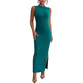 PRETTYGARDEN Women's Summer Bodycon Midi Sundress Mock Neck Sleeveless Knitted Dresses Side Slit Long Tank Dress