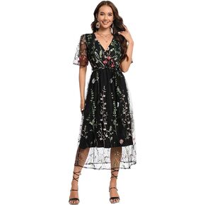 BaronHong Women's Floral Embroidered Tulle Prom Half-Sleeve V Neck Midi Dress with Waist Strap