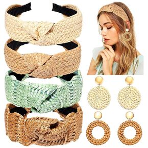 NVENF 6Pack Straw Headbands Rattan Earrings for Women, Boho Raffia Straw Knotted Hairband, Wide Woven Twist Hair Hoop, Summer Beach Headwear Hair Accessory