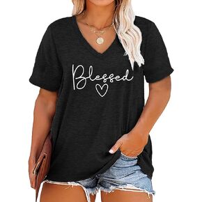 Plus Size Blessed Shirts Women V Neck T Shirts Short Sleeve Tshirts Summer Tops