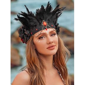 Aukmla Black Gothic Feather Headband Rose Flower Headpiece Vintage Red Crystal Headdress Halloween Costume Festival Hair Accessories for Women and Girls