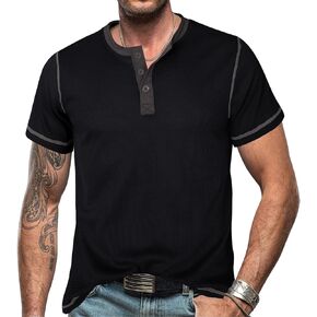 Men's Waffle Henley Shirt Casual Basic Button Short Sleeve Top Classic Tee Slim Fit Muscle T-Shirt