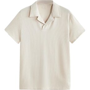 Verdusa Men's Short Sleeve Lapel Collar Shirts Ribbed Top Tee Shirt