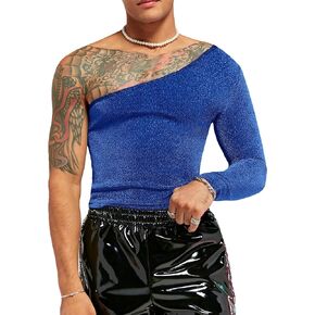 WDIRARA Men's Glitter One Shoulder Long Sleeve Plain T Shirts Panel Casual Tee Top