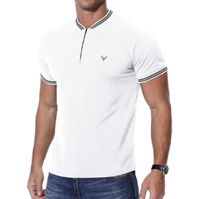 MLANM Mens Zip Henley T-Shirt Deer Head Embroidery Tennis Short Sleeve Top Regular Slim Fit