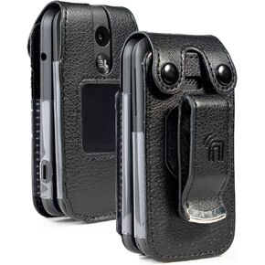 Case for MyFlip-2, Nakedcellphone [Black Vegan Leather] Form-Fit Cover with [Built-in Screen Protection] and [Metal Belt Clip] for Alcatel MyFlip 2 Phone (Year 2020, Model A406DL)