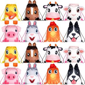 Hillban 16 Pcs Animal Drawstring Bags for Kids Party Favors Drawstring Backpack with Ear for Safari Birthday(Dinosaur Style)