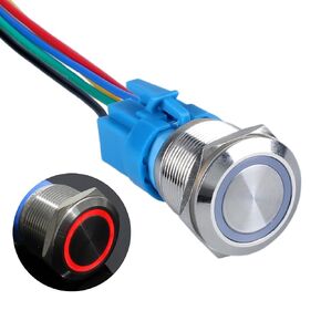 1PC 22MM Momentary Push Button Switch 12V-24V Ring Led 1NO 1NC Self-Reset ON/Off Metal Round Waterproof IP66 for 7/8’’ Mounting Hole with Wire Socket (Blue Led Light)