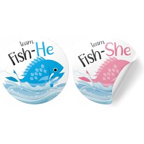 Fishing Themed Baby Gender Reveal Party - Fish Team He or Team She Stickers - 40 Labels