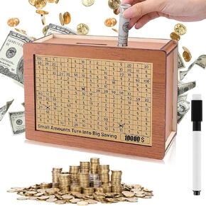Erasable Cash Vault Wooden Savings Box, Countdown Money Saving Box, Money Saving Jar for Savings Goal, Wooden Money Box Money Bank, Wooden Money Box for Cash ($10000)