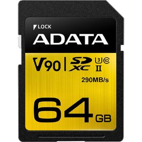 ADATA Premier ONE 64GB SDXC UHS-II U3 Class10 V90 3D NAND 4K 8K Ultra HD 290MB/s SD Card (ASDX64GUII3CL10-C)