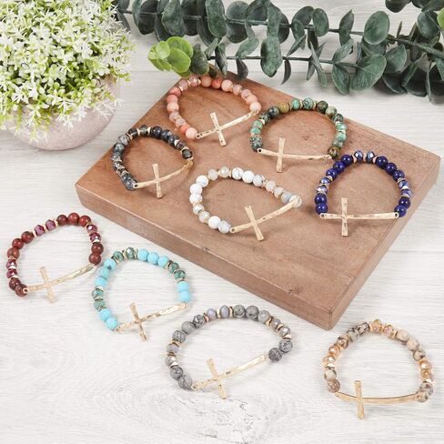 سوار مطاطي متقاطع من RIAH FASHION - شريط معدني متقاطع - حجر طبيعي ديني، سوار صلاة من الكريستال اللامع (مزيج كريستال متقاطع - عنابي) in Kuwait