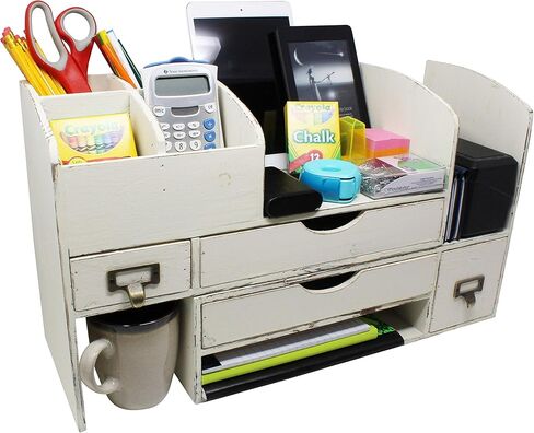 منظم مكتب خشبي كبير قابل للتعديل لسطح المكتب أو الطاولة أو المنضدة - رف تخزين خشبي - للوازم المكتبية أو ملحقات المكتب أو البريد - خشب البارنوود (WO13) in Kuwait