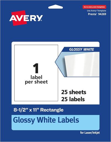 Avery Glossy White Rectangle Labels, 8.5" x 11", 25 Glossy White Labels, Permanent Label Adhesive, Laser/Inkjet Printable Labels in Saudi Arabia