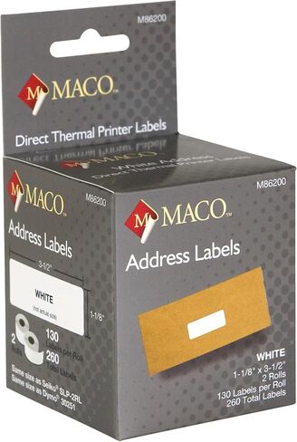 طابعة حرارية مباشرة من ماكو، ملصقات بيضاء متعددة الأغراض، 1-1/8 × 2 بوصة، 220 لكل لفة، 440 لكل صندوق (M86203) in Kuwait
