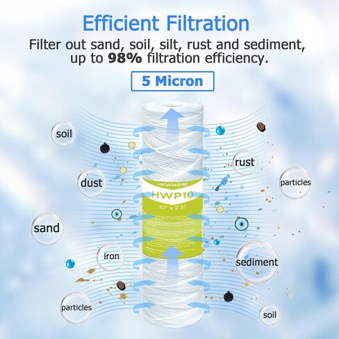 5 Micron Whole House Water Filter Cartridge, String Wound Sediment Filters for Well Water, Universal Replacement for Any 10 inch RO Unit - 10" x 2.5" Cartridges - Pack of 6 in Saudi Arabia