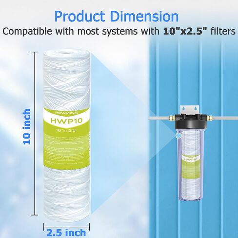 5 Micron Whole House Water Filter Cartridge, String Wound Sediment Filters for Well Water, Universal Replacement for Any 10 inch RO Unit - 10" x 2.5" Cartridges - Pack of 6 in Saudi Arabia