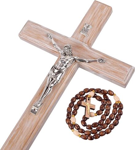 صليب جداري من Asterom Farmhouse Crucifix - ديكور حائط متقاطع خشبي ريفي - صليب كاثوليكي مصنوع يدويًا للجدار - 12 بوصة (فضي) in Kuwait