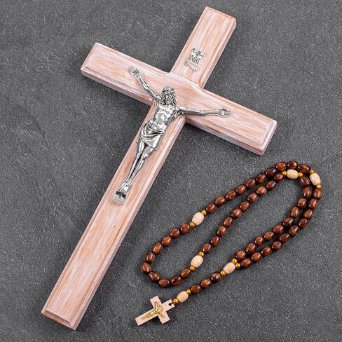 صليب جداري من Asterom Farmhouse Crucifix - ديكور حائط متقاطع خشبي ريفي - صليب كاثوليكي مصنوع يدويًا للجدار - 12 بوصة (فضي) in Kuwait