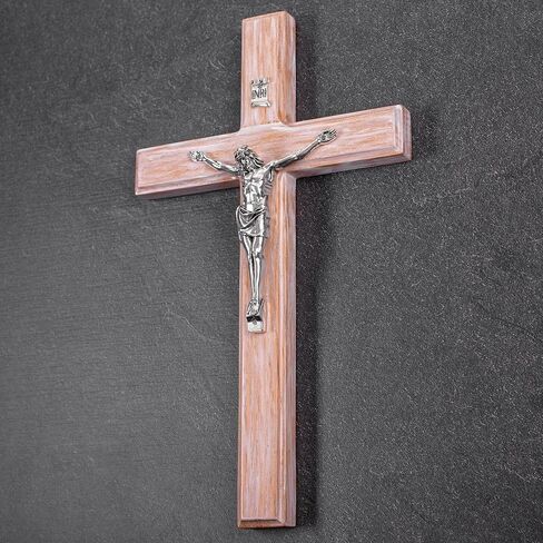 صليب جداري من Asterom Farmhouse Crucifix - ديكور حائط متقاطع خشبي ريفي - صليب كاثوليكي مصنوع يدويًا للجدار - 12 بوصة (فضي) in Kuwait