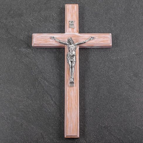 صليب جداري من Asterom Farmhouse Crucifix - ديكور حائط متقاطع خشبي ريفي - صليب كاثوليكي مصنوع يدويًا للجدار - 12 بوصة (فضي) in Kuwait