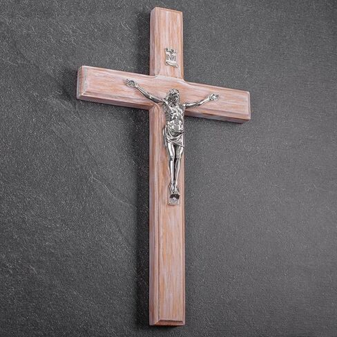 صليب جداري من Asterom Farmhouse Crucifix - ديكور حائط متقاطع خشبي ريفي - صليب كاثوليكي مصنوع يدويًا للجدار - 12 بوصة (فضي) in Kuwait