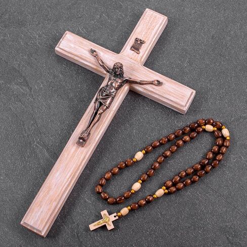 Asterom Farmhouse Crucifix Wall Cross - Rustic Wooden Cross Wall Decor - Handmade Catholic Crucifix for Wall - 12 Inch (Silvery) in Saudi Arabia