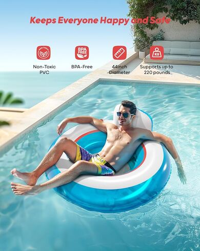 عوامة حمام السباحة القابلة للنفخ من QPAU، عبوتان | مسند الظهر ومسند الذراع يدعم كرسي تعويم الماء | عوامة استرخاء مقاس 44 بوصة مع حامل أكواب واحد | كرسي حمام سباحة قابل للنفخ للتبريد في الهواء الطلق | حفلة لعب مائية صيفية in Kuwait