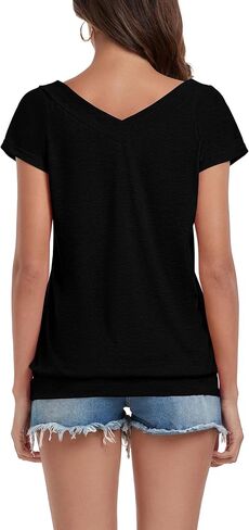 Halife Women's V Neck T Shirts Short Sleeve Summer Trendy Off The Shoulder Tops in Saudi Arabia