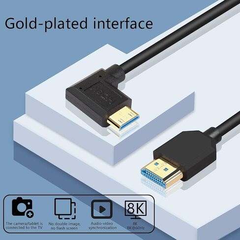 GINTOOYUN 8K Mini HDMI to HDMI Cable Super Thin line OD 4.0mm Mini HDMI to HDMI Ultra HD 2.1 Cable 8K@60Hz 4K@120Hz 48Gbps Dynamic HDR, eARC 0.3m (Angled Right) in Saudi Arabia