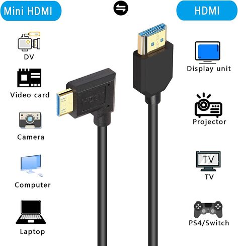 GINTOOYUN 8K Mini HDMI to HDMI Cable Super Thin line OD 4.0mm Mini HDMI to HDMI Ultra HD 2.1 Cable 8K@60Hz 4K@120Hz 48Gbps Dynamic HDR, eARC 0.3m (Angled Right) in Saudi Arabia