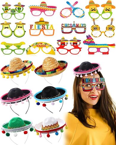 18 قطعة قبعات حفلات العيد والنظارات لوازم صغيرة سمبريرو قبعة Headbands سينكو دي مايو المكسيكي موضوع الزينة in Kuwait