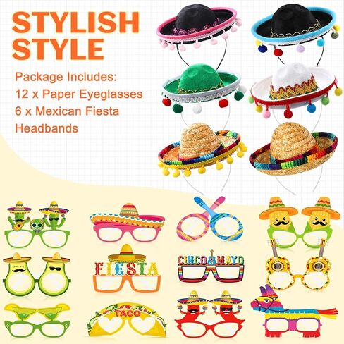 18 قطعة قبعات حفلات العيد والنظارات لوازم صغيرة سمبريرو قبعة Headbands سينكو دي مايو المكسيكي موضوع الزينة in Kuwait