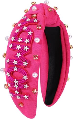 Western Pearl Rhinestone Knotted Headband for Women Hot Pink Black Green Crystal Jeweled Knot Hairband Headpiece Boho Country Cowgirl Beaded Star Howdy Twist Headband Rodeo Nashville Bachelorette in Saudi Arabia