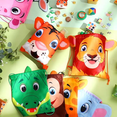 Hillban 16 Pcs Animal Drawstring Bags for Kids Party Favors Drawstring Backpack with Ear for Safari Birthday(Dinosaur Style) in Saudi Arabia