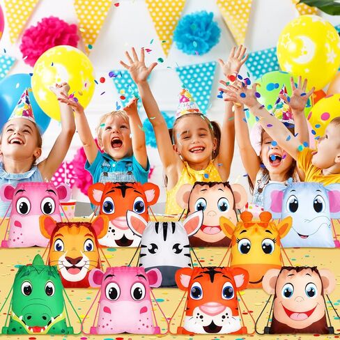 Hillban 16 Pcs Animal Drawstring Bags for Kids Party Favors Drawstring Backpack with Ear for Safari Birthday(Dinosaur Style) in Saudi Arabia