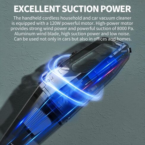 مكنسة كهربائية محمولة لاسلكية، قوة شفط عالية 8000 باسكال، ملحقات المنزل والسيارة المحمولة، أربعة أنواع من أنماط الشفط، إضاءة LED، ضوضاء منخفضة، جهاز تنظيف محمول لاسلكي in Kuwait