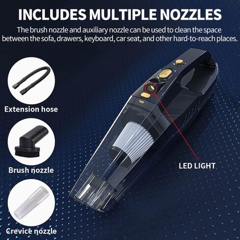 مكنسة كهربائية محمولة لاسلكية، قوة شفط عالية 8000 باسكال، ملحقات المنزل والسيارة المحمولة، أربعة أنواع من أنماط الشفط، إضاءة LED، ضوضاء منخفضة، جهاز تنظيف محمول لاسلكي in Kuwait