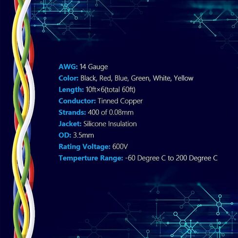 14AWG Silicone Wire Stranded Tinned Copper Wire 14 Gauge Electronic Automotive Hook up Wire 6 Colors 10Ft Each from Fermerry in Saudi Arabia