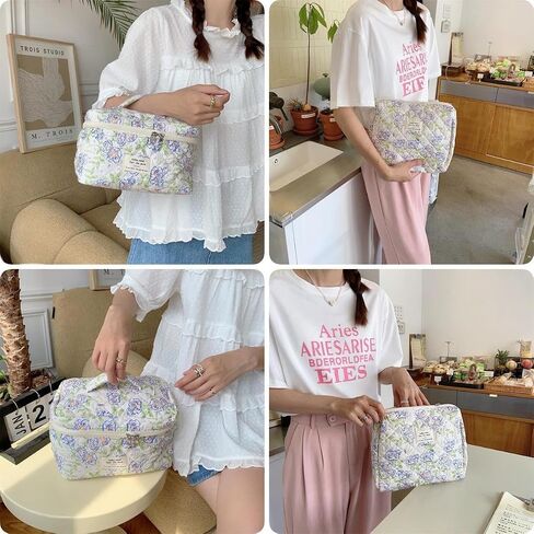 Makeup Bag Travel Essentials Quilted Cosmetic Toiletry Pouch Organizer Insert for Women Dorm Room Essential Gift Large Capacity Opening Lightweight Cute Aesthetic Portable 2PCS (Heart) in Saudi Arabia