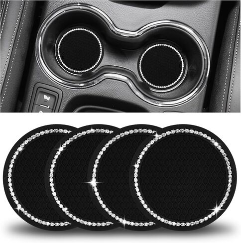 4Pcs Bling Car Cup Coaster, Non-Slip Silicone Cup Holder Insert Crystal Rhinestone Embedded in Ornaments Coaster, Universal Car Interior Accessories - 2.77 Inch in Saudi Arabia